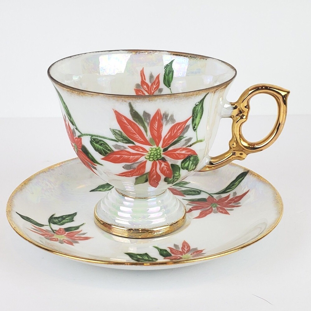 Vtg UCAGCO Footed Tea Cup & Saucer December Pointsettia Iridescent Pearl Japan